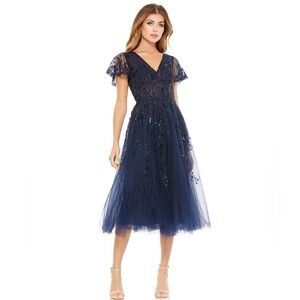 Mac Duggal 20304 NWT EMBELLISHED FLUTTER SLEEVE TEA-LENGTH DRESS - Blue